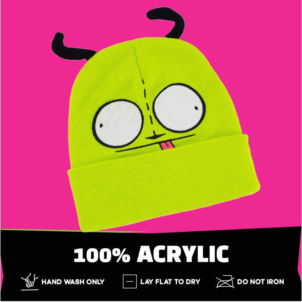 Invader Zim Beanie Hat, Gir Winter Knit Cap with Cuff and 3D Ears, Green, One Size