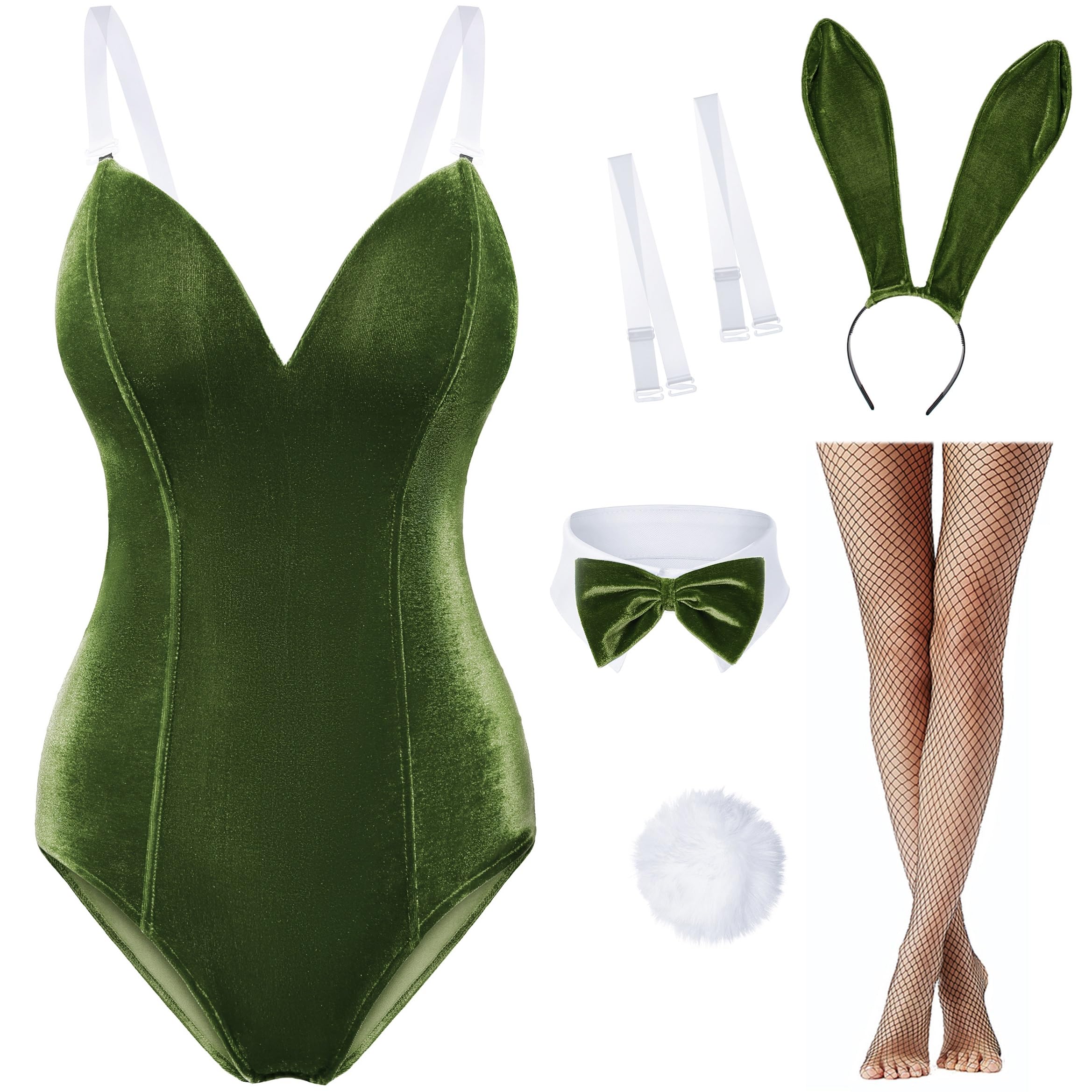 Women Velvet Bunny Costume Bunny Girl Suit Costume Senpai Cosplay One Piece Bodysuit Stockings Set(JGreen S)