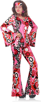 SOMSOC 7 Pack 70s Women Hippie Costume Set Boho Flared Pants Tie Dye Headband Necklace Earrings Wig for Halloween Cosplay