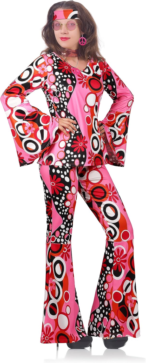 SOMSOC 7 Pack 70s Women Hippie Costume Set Boho Flared Pants Tie Dye Headband Necklace Earrings Wig for Halloween Cosplay