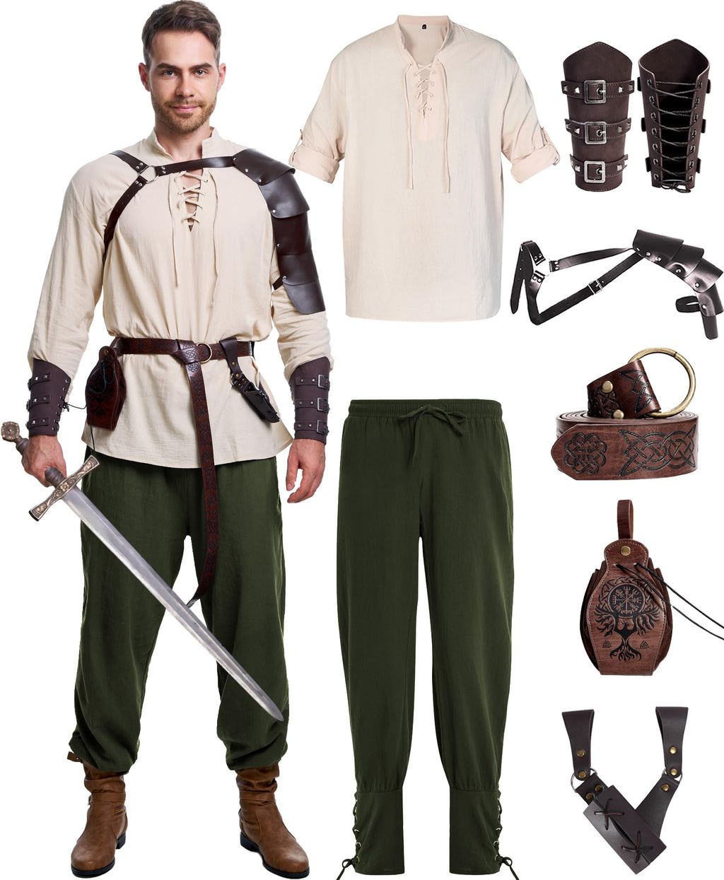 8 Pcs Men's Renaissance Costume Halloween Medieval Pirate Shirt Pant Viking Costume Accessories Set (Stylish Color, Large)