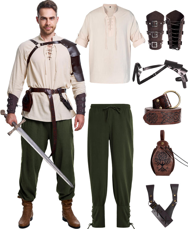 8 Pcs Men's Renaissance Costume Halloween Medieval Pirate Shirt Pant Viking Costume Accessories Set (Stylish Color, Large) Hover Image