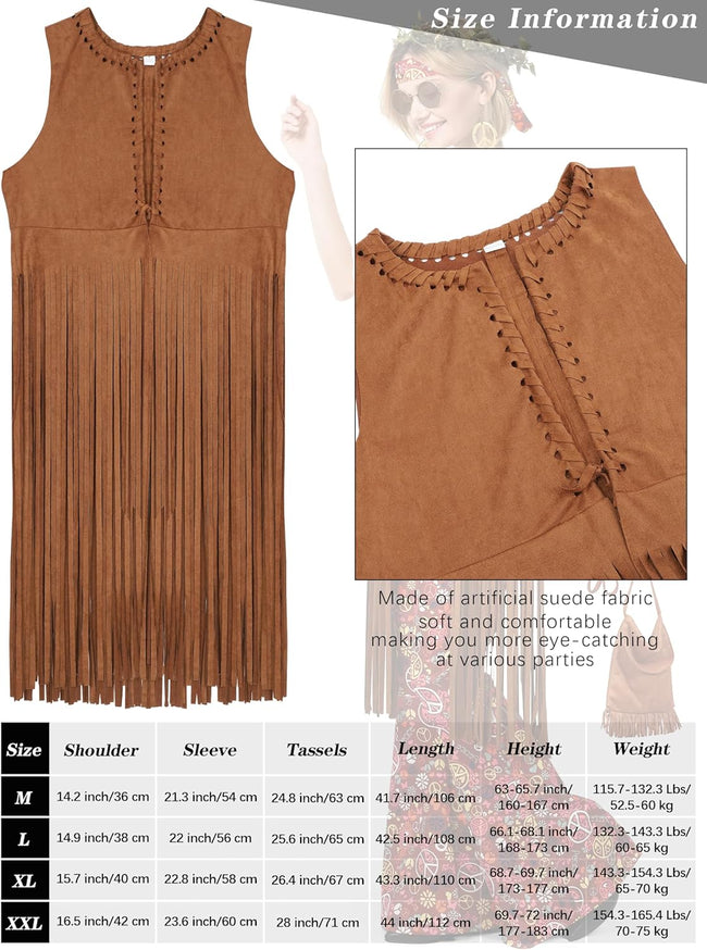 SOMSOC 7 Pieces 70s Women Hippie Costume Fringe Vest Bag Pant Headband for Halloween Main Image