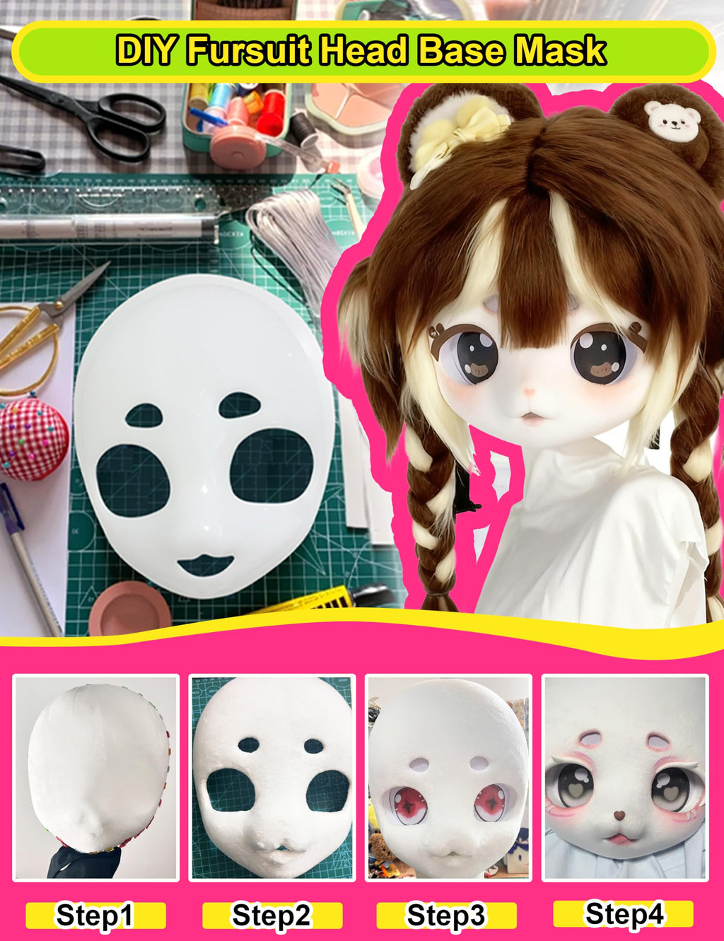 Liokoon Fursuit Head Base Furry Therian Mask, 3D Printed DIY Plastic Face Mask Anime Cosplay Props for Kawaii Cosplay (Clear)