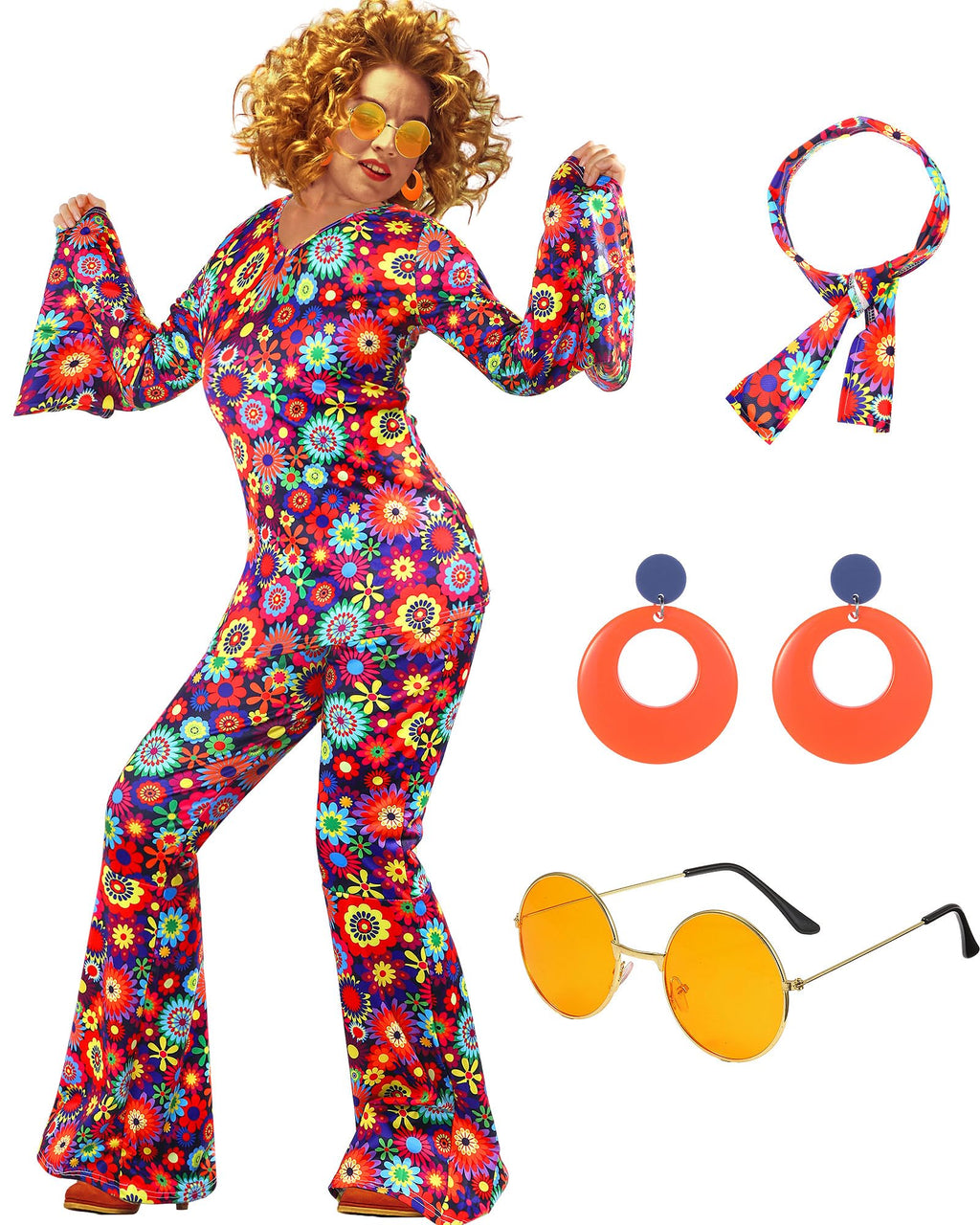 Leumoi 6 Pcs 60s 70s Disco Outfit Women Hippie Costume Accessories Flared Pants Headband Earrings Sunglass