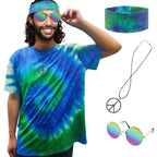 Hippie Costume for Men Women 60s and 70s colorful T-shirt sunglasses headband Peace necklace 4-piece theme party