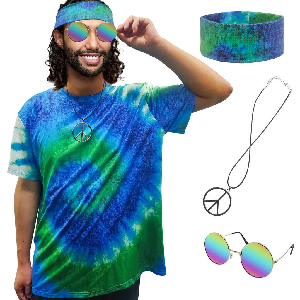 Hippie Costume for Men Women 60s and 70s colorful T-shirt sunglasses headband Peace necklace 4-piece theme party