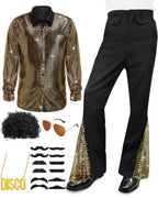 6 Pcs Mens 70s Disco Outfits Retro Halloween Couples Costume with Bell Bottom Pants