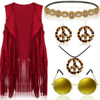 Frienda 6 Pcs 60s 70s Outfit for Women Hippie Halloween Costume Set Peace Sign Earring Headband Fringe Vest Tassel Cardigan