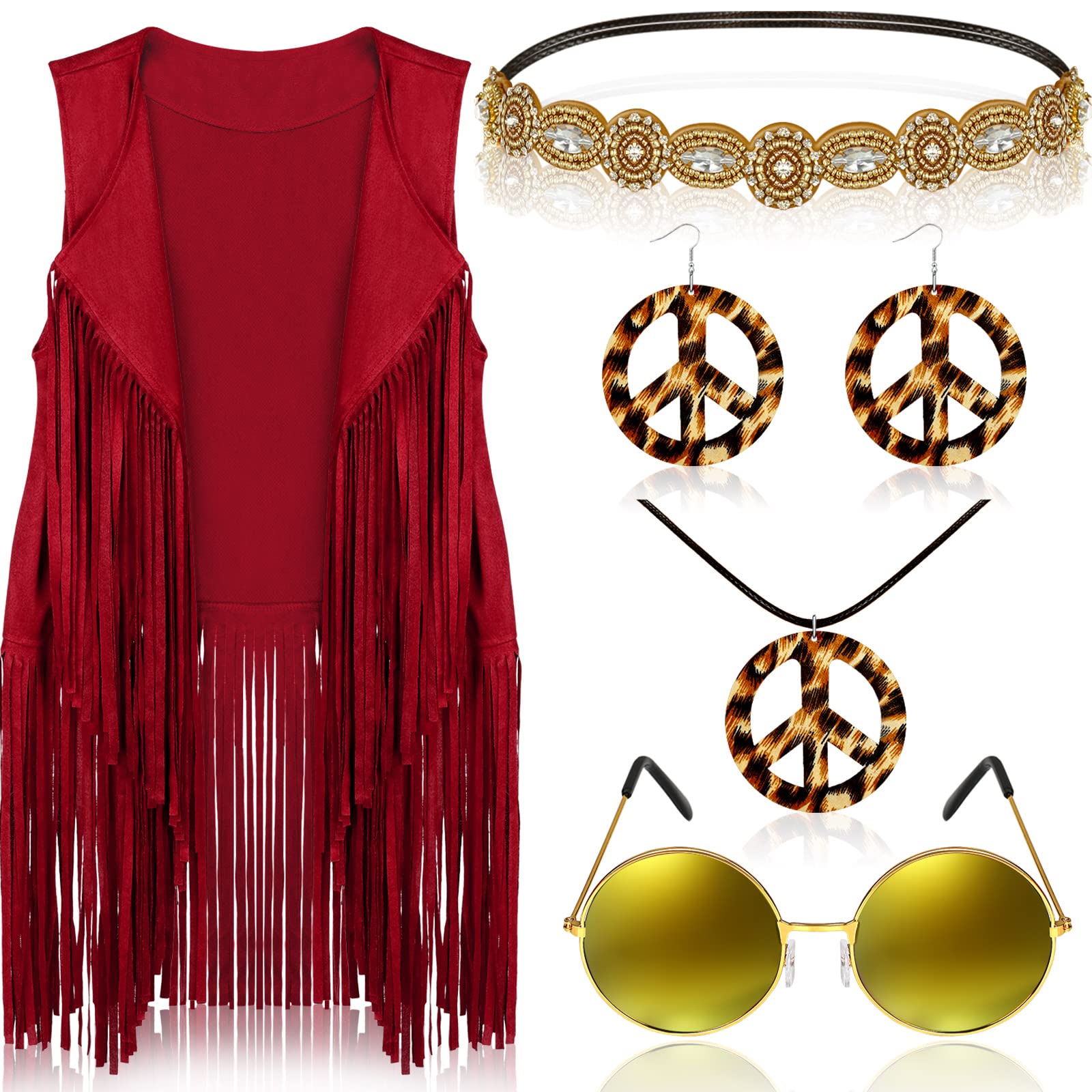 Frienda 6 Pcs 60s 70s Outfit for Women Hippie Halloween Costume Set Peace Sign Earring Headband Fringe Vest Tassel Cardigan