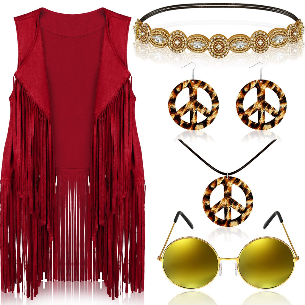 Frienda 6 Pcs 60s 70s Outfit for Women Hippie Halloween Costume Set Peace Sign Earring Headband Fringe Vest Tassel Cardigan