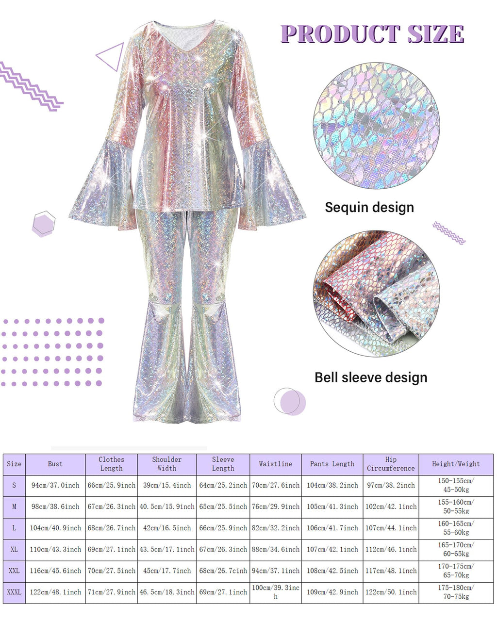 Jexine Halloween 70s Women Disco Outfit Costume Set Disco Party Top Pants Sunglasses Ball Necklace Earring Wig(White,Large)