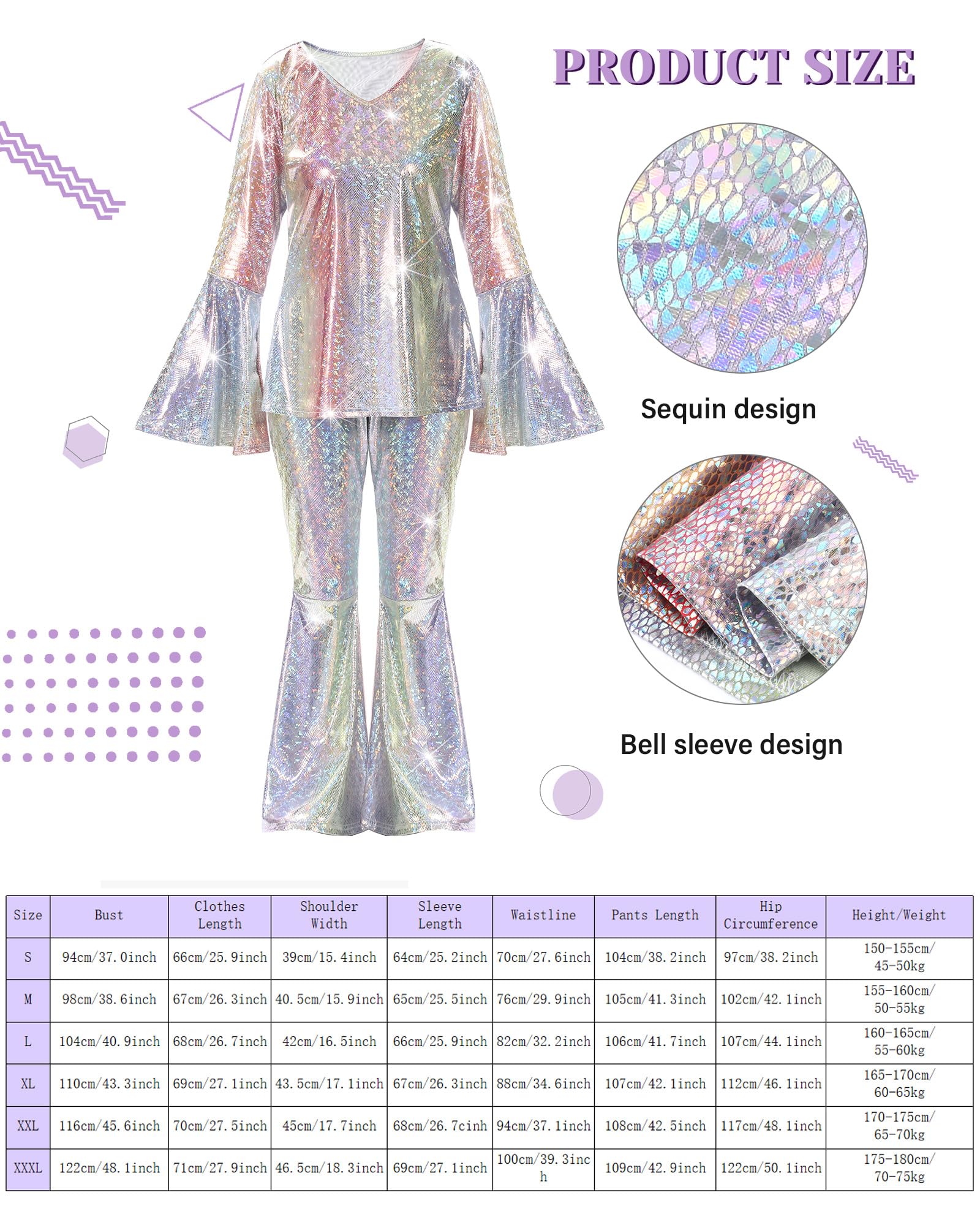 Jexine Halloween 70s Women Disco Outfit Costume Set Disco Party Top Pants Sunglasses Ball Necklace Earring Wig(White,Large)