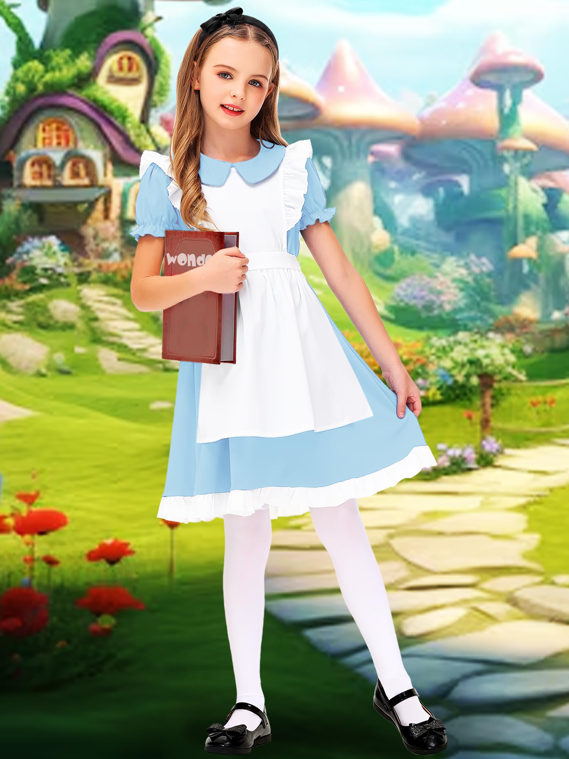 Alice in Wonderland Dresses Girl's Elastic Waist Puff Sleeve Princess Dress Maid Outfit 13-14 Years Light Blue