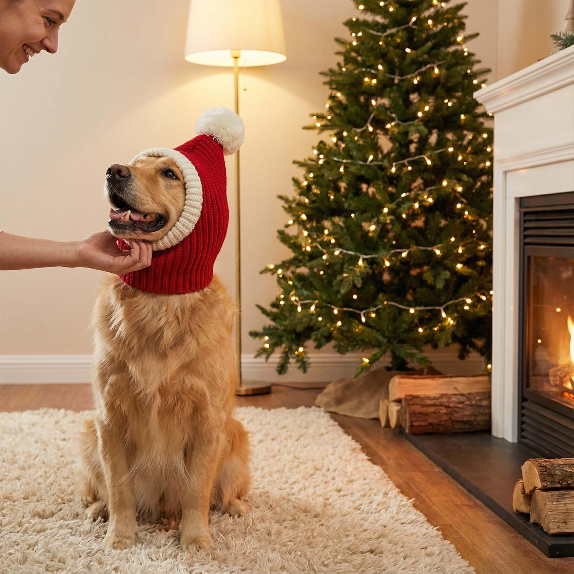 Christmas Dog Hat Costume for Large Medium Dog Warm Winter Dog Hat Neck Ear Warmer Headband Protector for Golden Retriever Labrador(Large, Red)