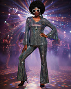 Jexine Halloween 70s Women Disco Outfit Costume Set Disco Party Top Pants Sunglasses Ball Necklace Earring Wig(White,Large)