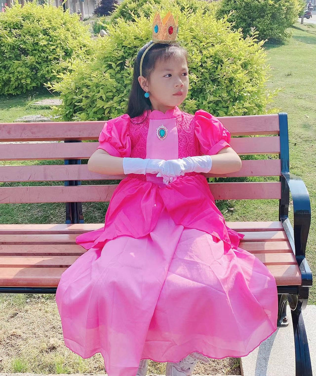 Twhxiyicos Princess Peach Cosplay Costume Girls Princess Peach Dress Kids Outfit Crown Earrings Gloves for Halloween