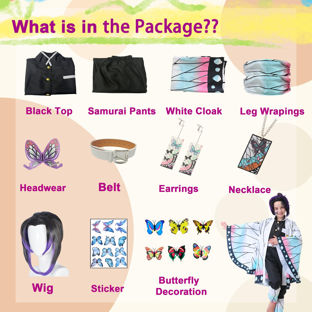 Powzaty Anime Cosplay Costume Kimono Full Set Adult Girls Robe Cloak Costume Set Halloween Kimono Outfit Cosplay with Wig (Butterfly Set, Kids 140)