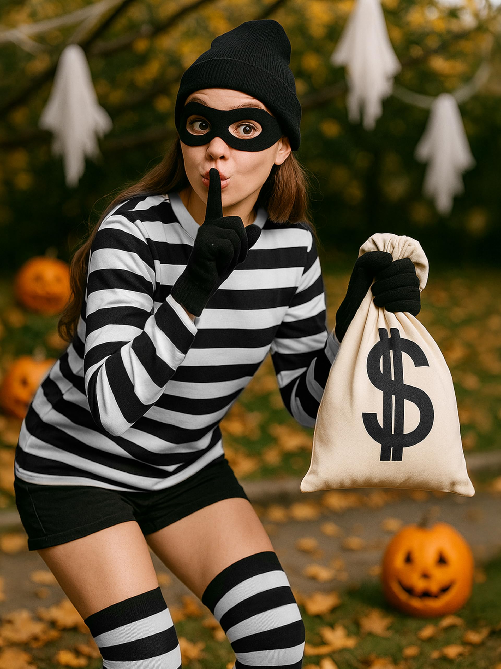 QZYL Halloween Women Robber Costume Set, XXL Women Thief Cosplay Striped Shirt Mask Gloves Beanie Cap Bag for Halloween Thief