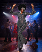 Jexine Halloween 70s Women Disco Outfit Costume Set Disco Party Top Pants Sunglasses Ball Necklace Earring Wig(White,Large)