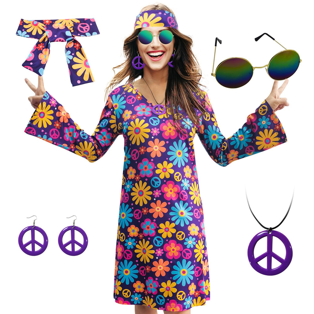 70s Hippie Dress Costumes Necklace Earrings Sunglass Women Disco Outfit, 60s Party Costume, Halloween Retro Dresses