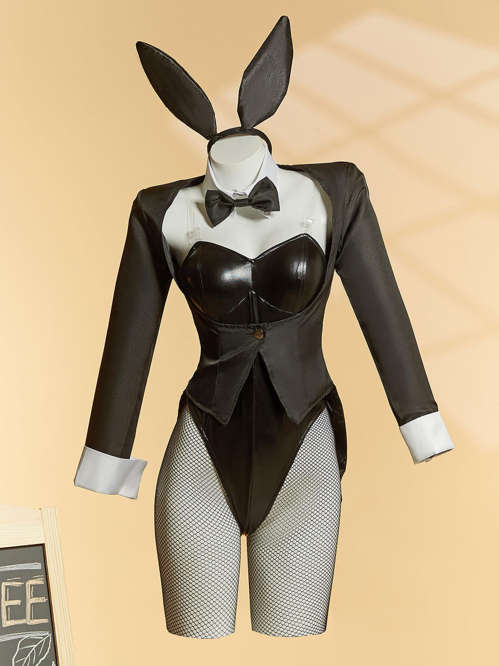 Cosplay.fm Women Dress Up Cosplay Costume Black Bunny Bodysuit and Coat with Stockings and Bunny Ear Headband (Black, S)