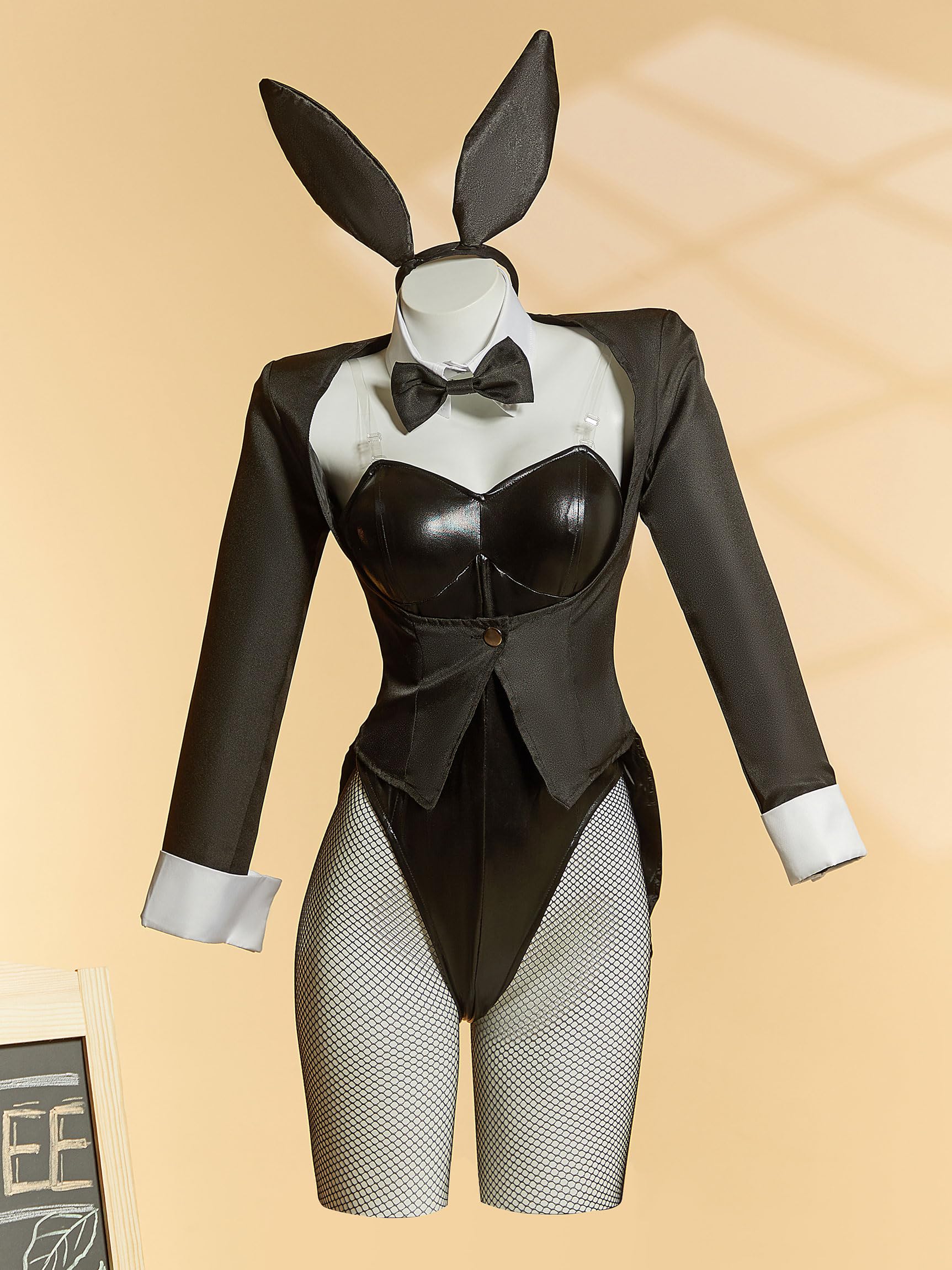 Cosplay.fm Women Dress Up Cosplay Costume Black Bunny Bodysuit and Coat with Stockings and Bunny Ear Headband (Black, S)