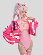 haikyuu Women Cosplay Swimsuit with Jacket Anime One Piece Swimsuit Cutout Bathing Suit Tummy Control Swimwear (as1, Alpha, m, Regular, Regular, Standard, Pink)