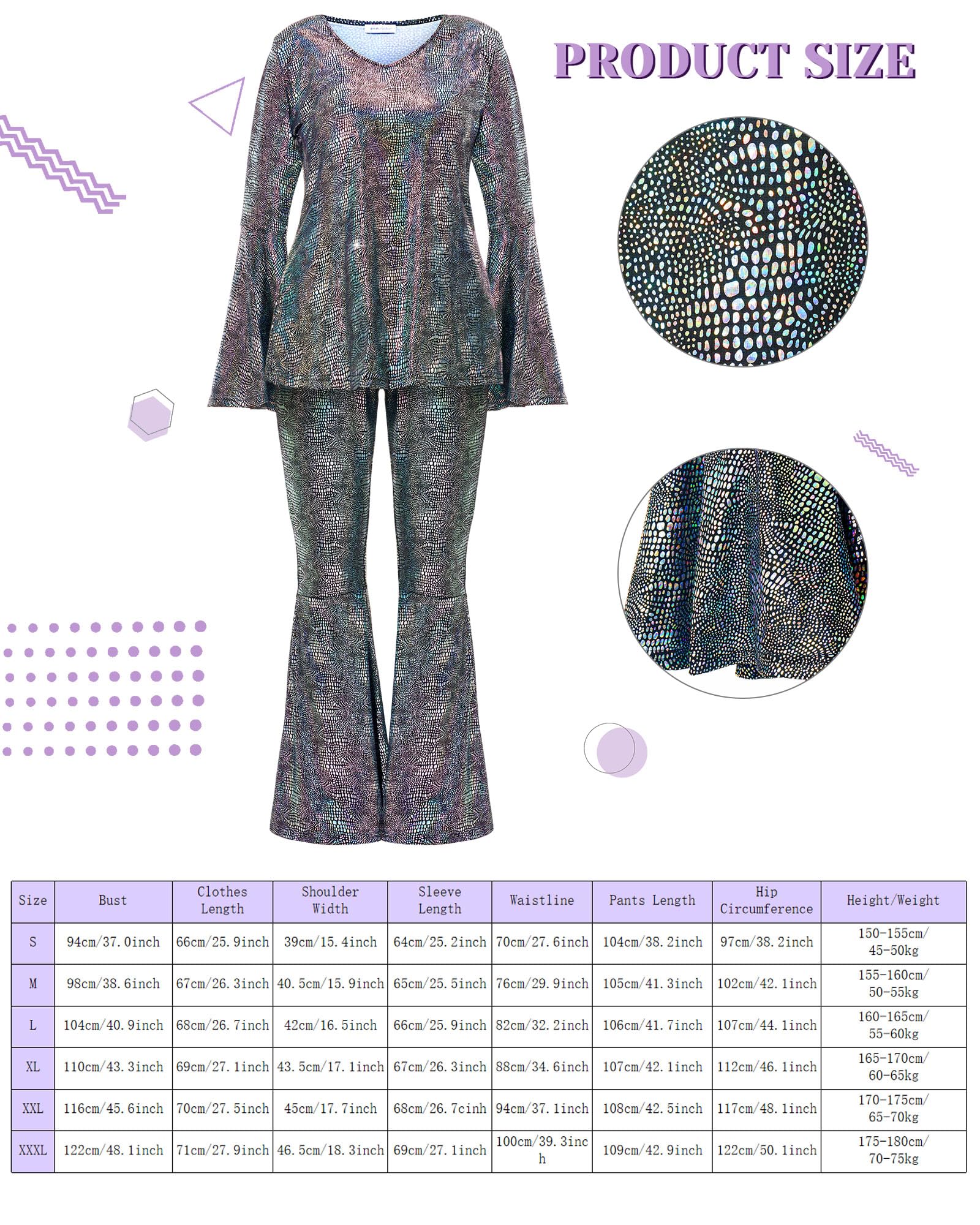 Jexine Halloween 70s Women Disco Outfit Costume Set Disco Party Top Pants Sunglasses Ball Necklace Earring Wig(White,Large)