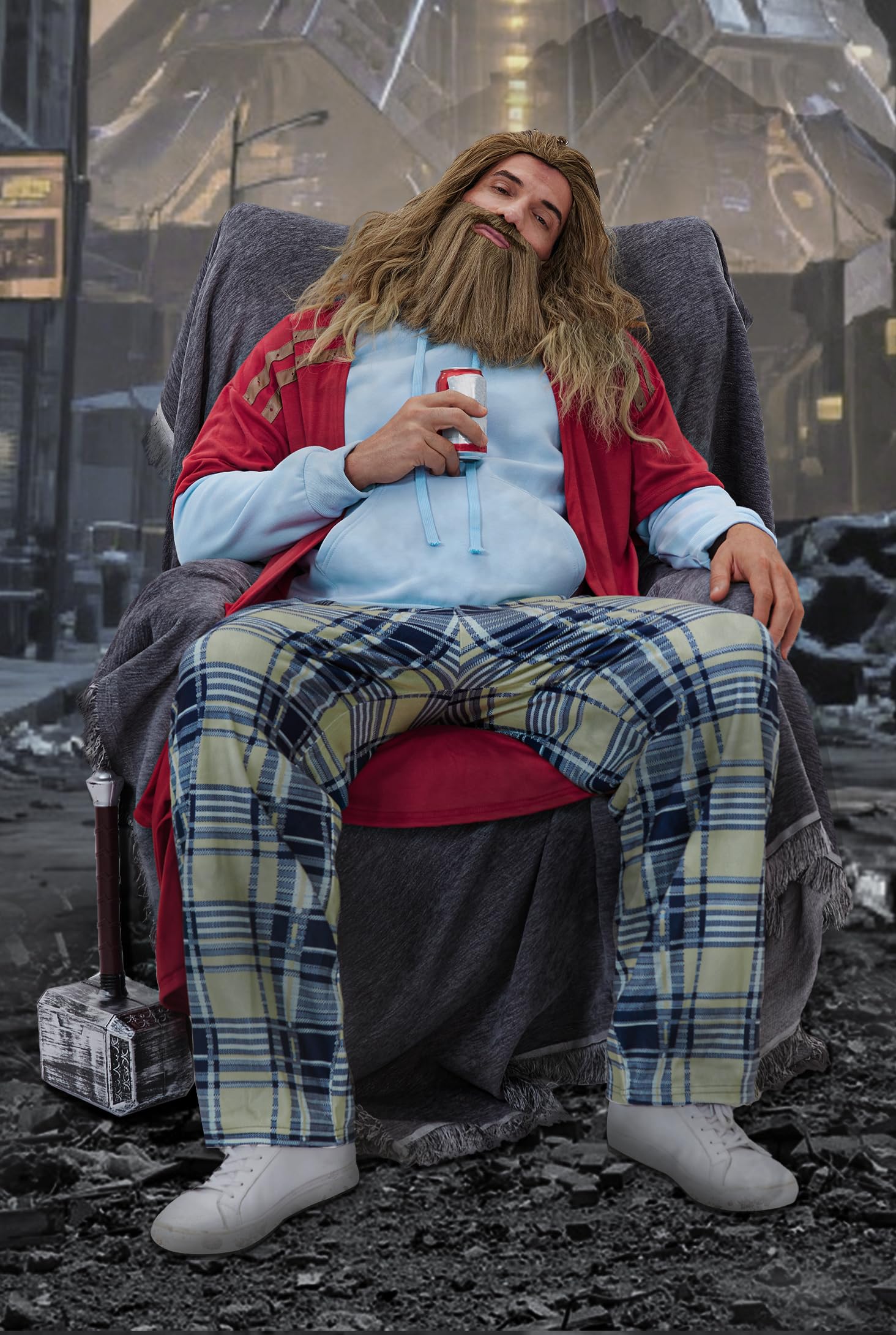 Arvilhill 4 Pcs Fat Thor Beer Belly Costume Set for Adult Men Hoodie Overalls Full Outfit with Sweatshirt Pant Robe Gloves Halloween Funny Comedy Movie Night Theme Party S