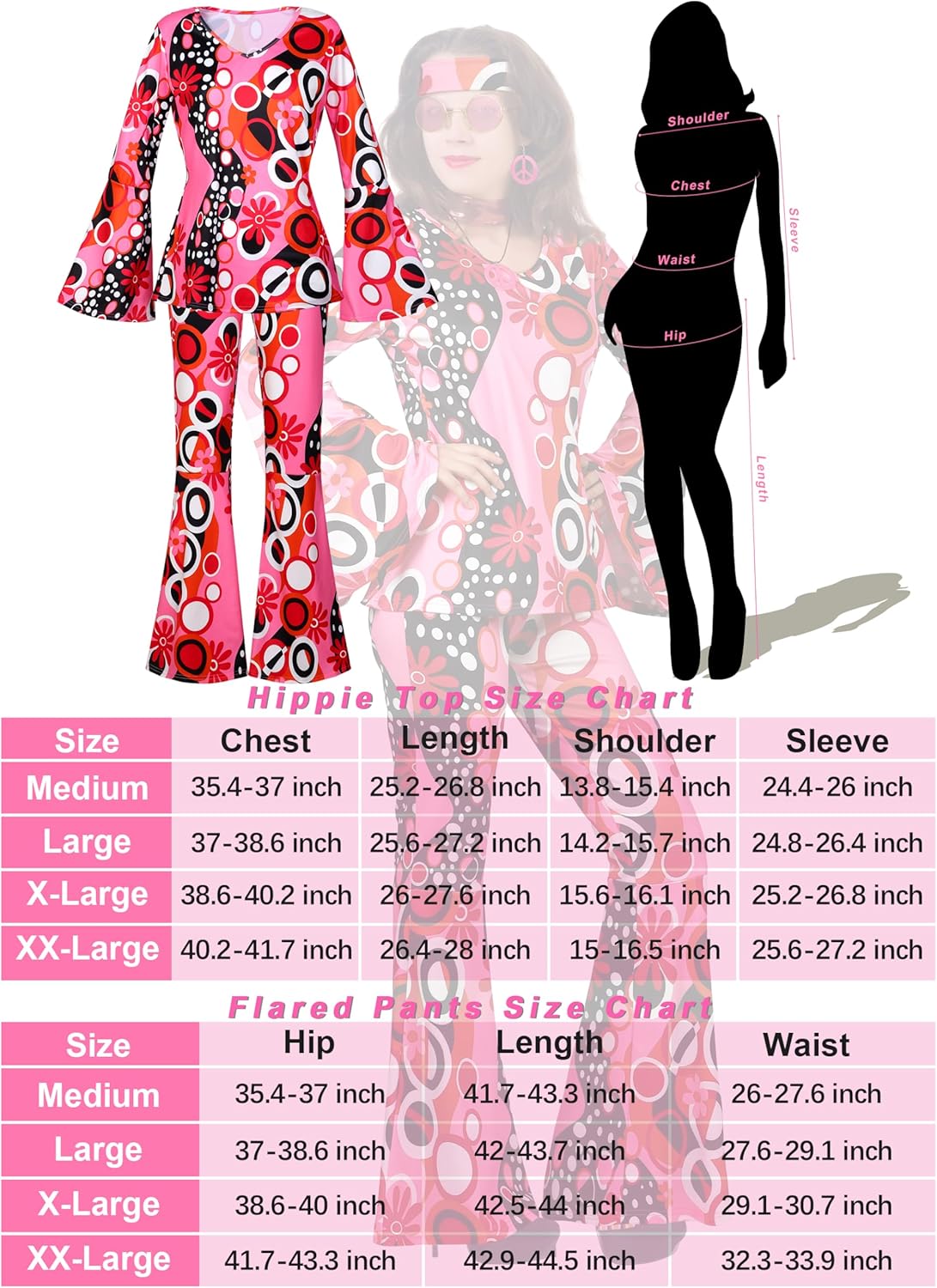 SOMSOC 7 Pack 70s Women Hippie Costume Set Boho Flared Pants Tie Dye Headband Necklace Earrings Wig for Halloween Cosplay