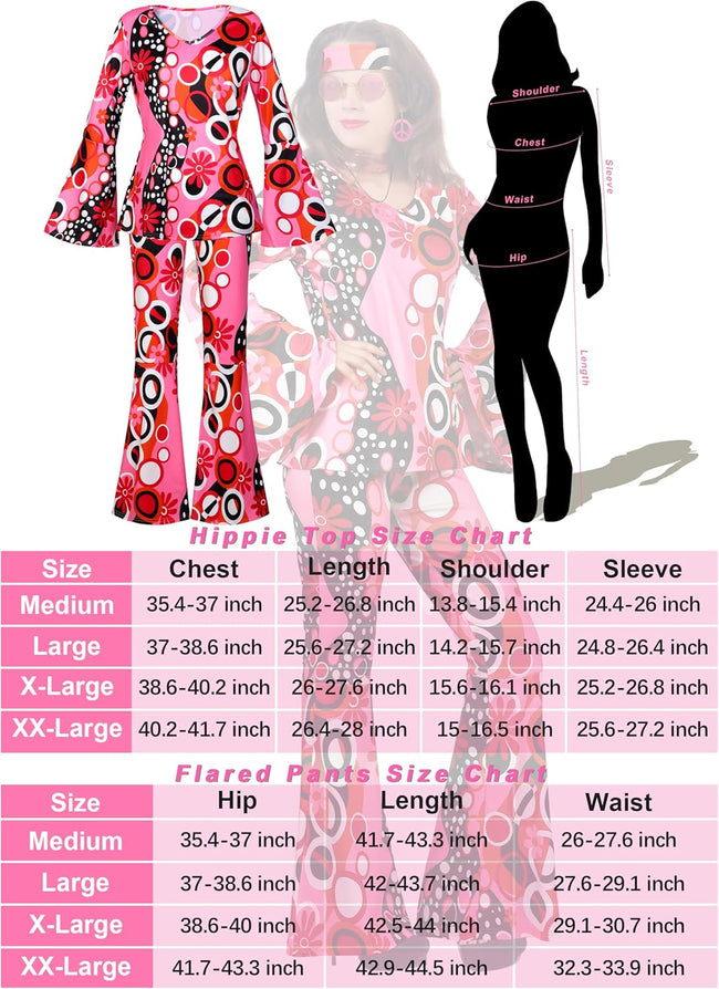 SOMSOC 7 Pack 70s Women Hippie Costume Set Boho Flared Pants Tie Dye Headband Necklace Earrings Wig for Halloween Cosplay Main Image