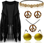 Frienda 6 Pcs 60s 70s Outfit for Women Hippie Halloween Costume Set Peace Sign Earring Headband Fringe Vest Tassel Cardigan