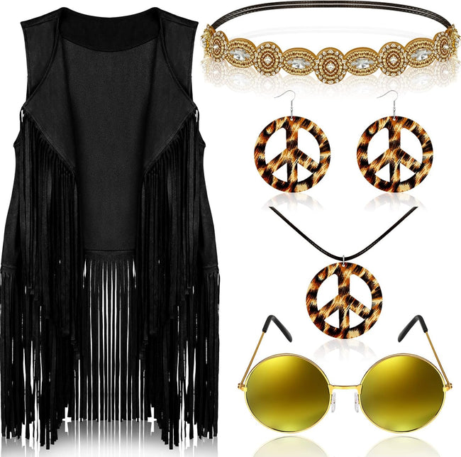 Frienda 6 Pcs 60s 70s Outfit for Women Hippie Halloween Costume Set Peace Sign Earring Headband Fringe Vest Tassel Cardigan Hover Image