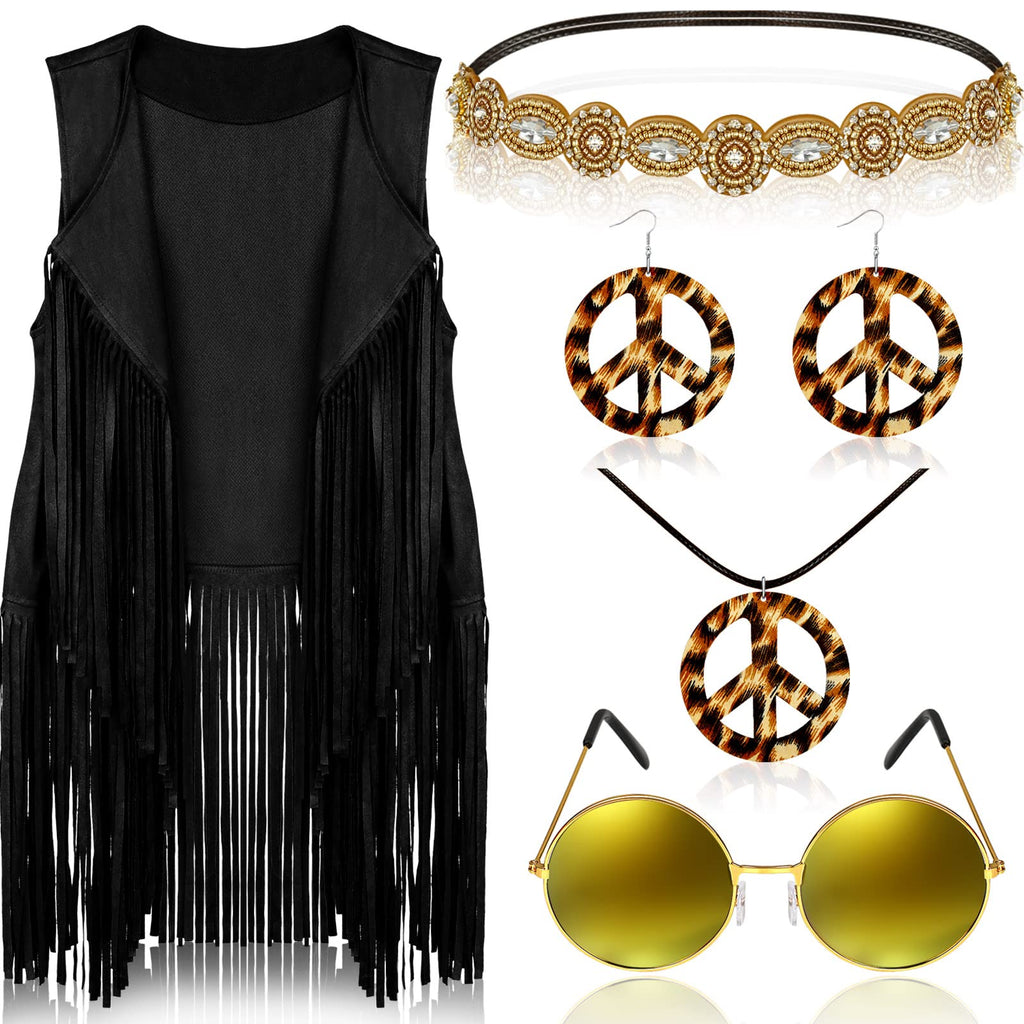Frienda 6 Pcs 60s 70s Outfit for Women Hippie Halloween Costume Set Peace Sign Earring Headband Fringe Vest Tassel Cardigan
