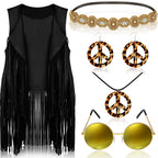 Frienda 6 Pcs 60s 70s Outfit for Women Hippie Halloween Costume Set Peace Sign Earring Headband Fringe Vest Tassel Cardigan