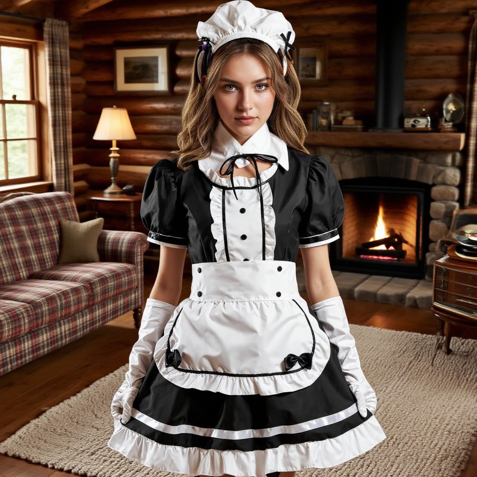 Colorful House Women's Cosplay French Apron Maid Fancy Dress Costume (X-Small, Black-5Pcs)