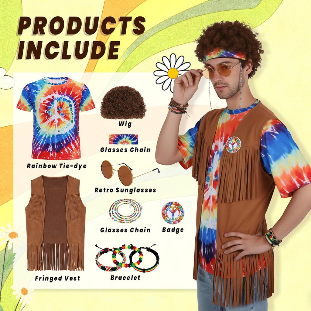 70s Outfits for Men - 10 Pcs Hippie Costume with Tie Dye Shirt, Fringe Vest & Accessories,60s/70s Retro Party Clothes