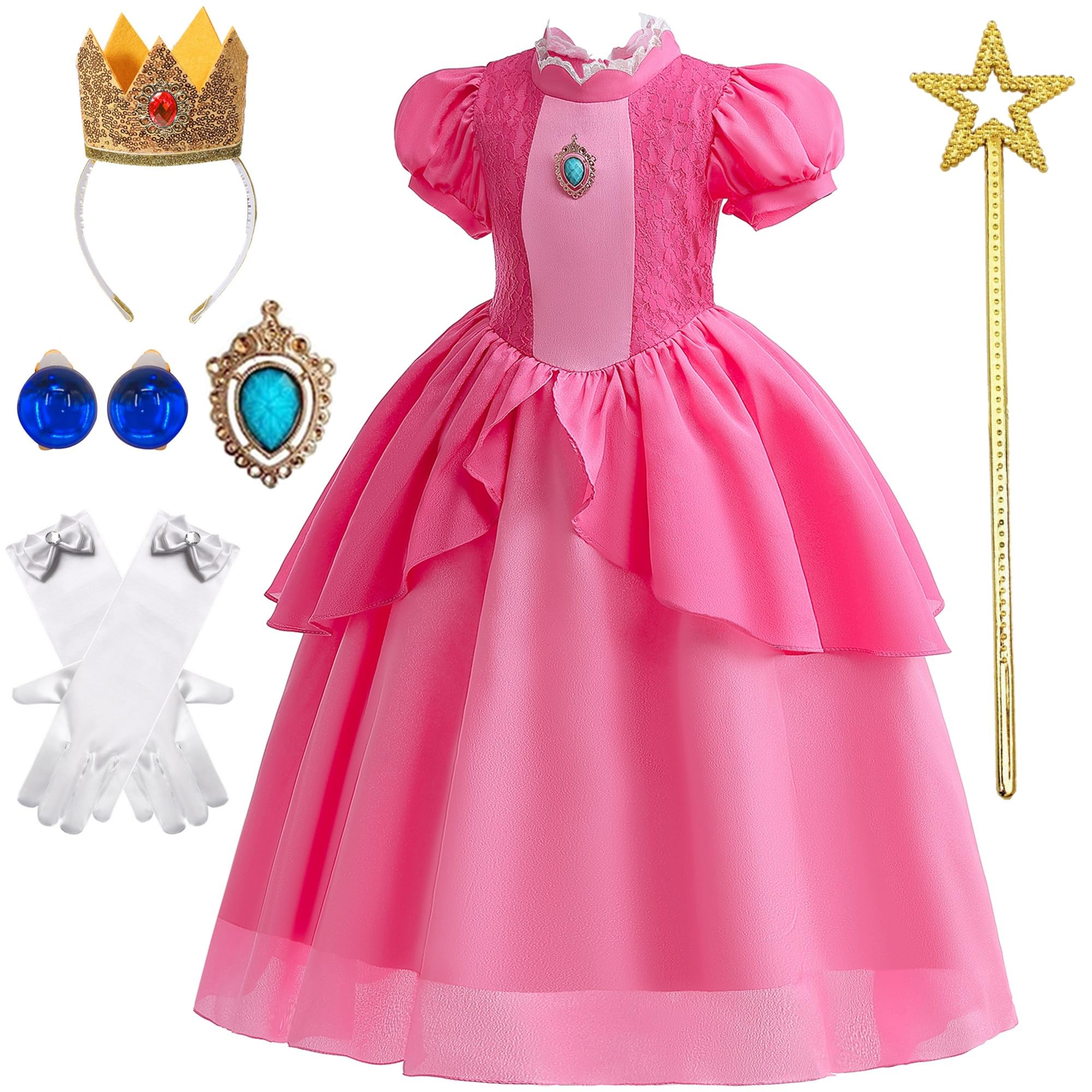 BanKids Princess Costume for Girls Dress up Outfit with Crown Gloves Earring Stars Wand 6-7 Years(P03,130CM