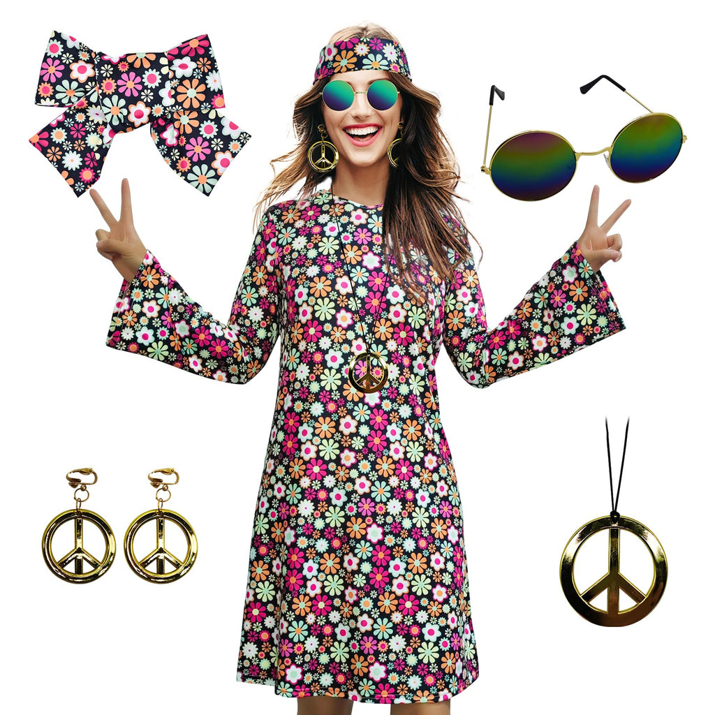 70s Hippie Dress Costumes Necklace Earrings Sunglass Women Disco Outfit, 60s Party Costume, Halloween Retro Dresses
