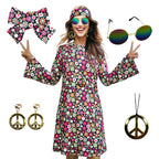 70s Hippie Dress Costumes Necklace Earrings Sunglass Women Disco Outfit, 60s Party Costume, Halloween Retro Dresses
