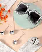 Jexine Halloween 70s Women Disco Outfit Costume Set Disco Party Top Pants Sunglasses Ball Necklace Earring Wig(White,Large)