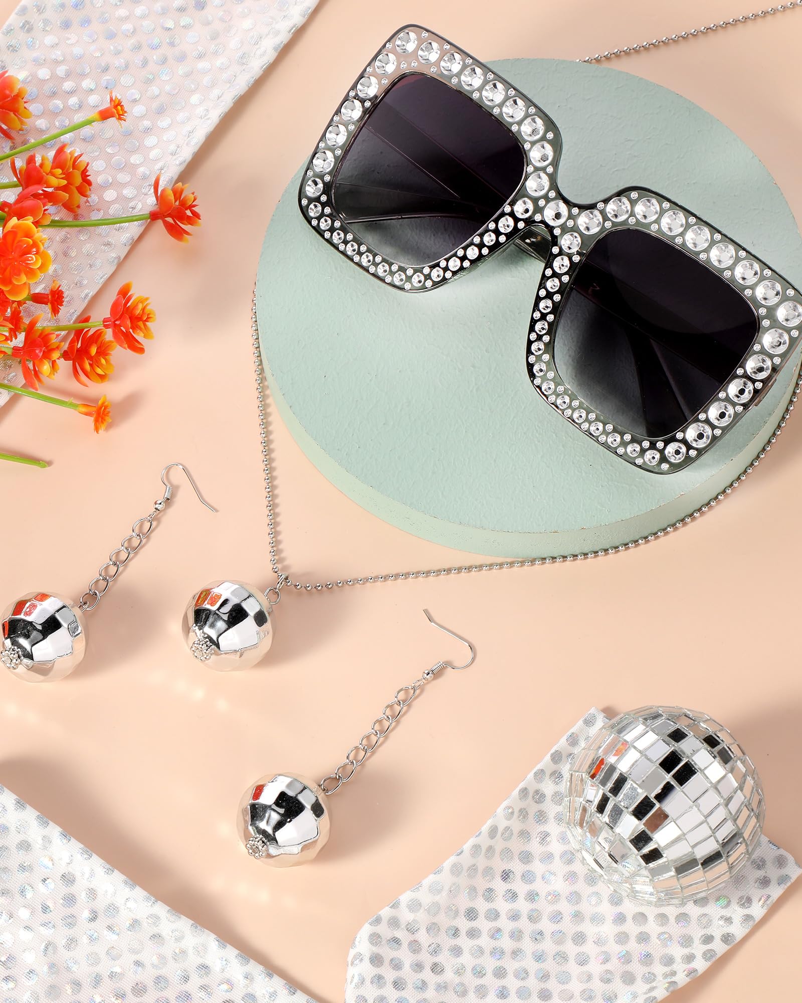 Jexine Halloween 70s Women Disco Outfit Costume Set Disco Party Top Pants Sunglasses Ball Necklace Earring Wig(White,Large)