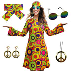 70s Hippie Dress Costumes Necklace Earrings Sunglass Women Disco Outfit, 60s Party Costume, Halloween Retro Dresses