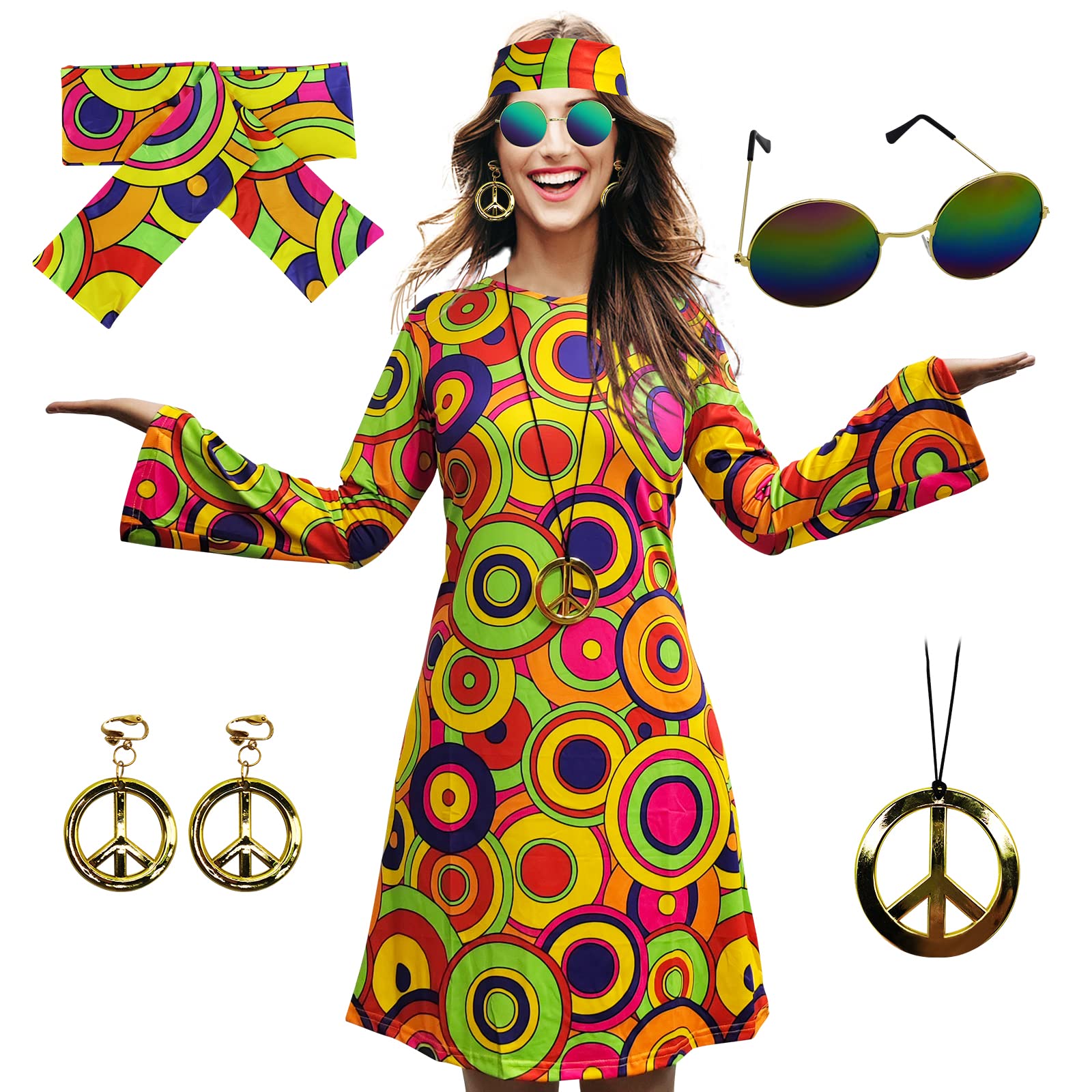70s Hippie Dress Costumes Necklace Earrings Sunglass Women Disco Outfit, 60s Party Costume, Halloween Retro Dresses
