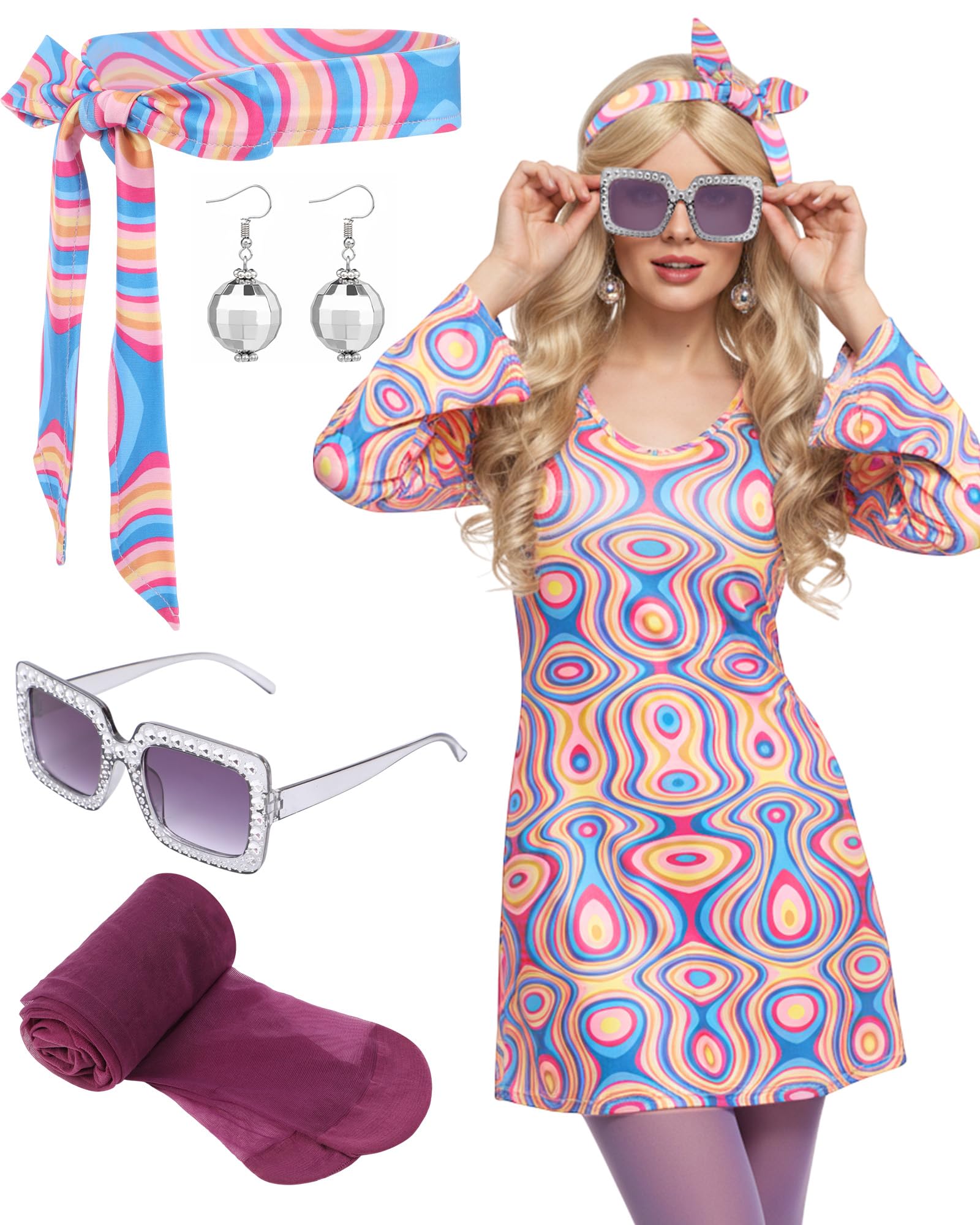 Janmercy 5 Pcs 70s 80s Hippie Costumes Accessories for Women 70's Disco Outfit for Halloween Party Cosplay