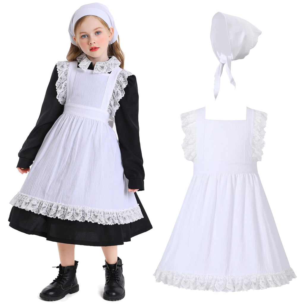 Kosgraiy Colonial Prairie Costume Dress for Girl,Kid Manor Maid Dress,Victorian Maid Costume,Girl Pilgrim Outfit,Black,S/120