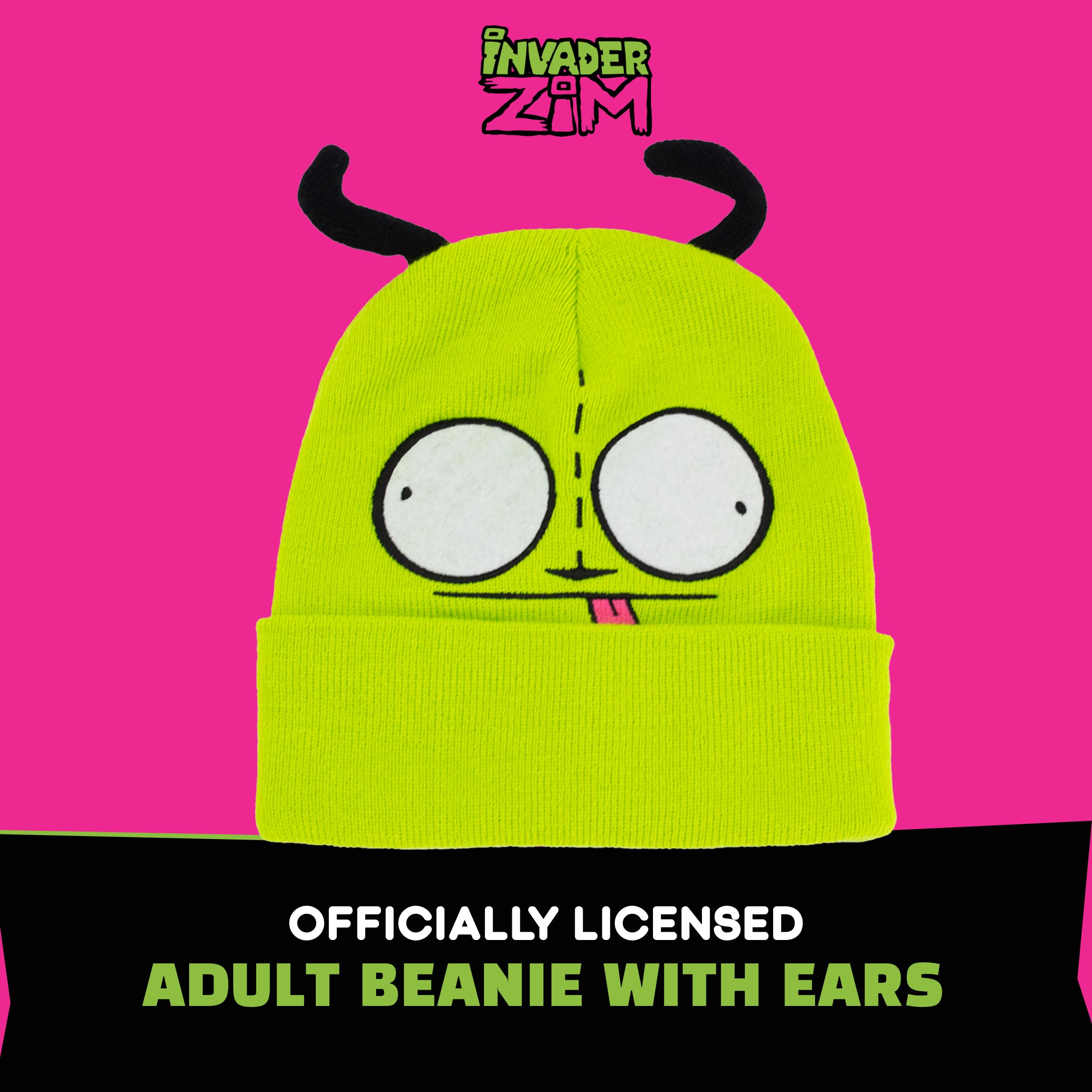 Invader Zim Beanie Hat, Gir Winter Knit Cap with Cuff and 3D Ears, Green, One Size
