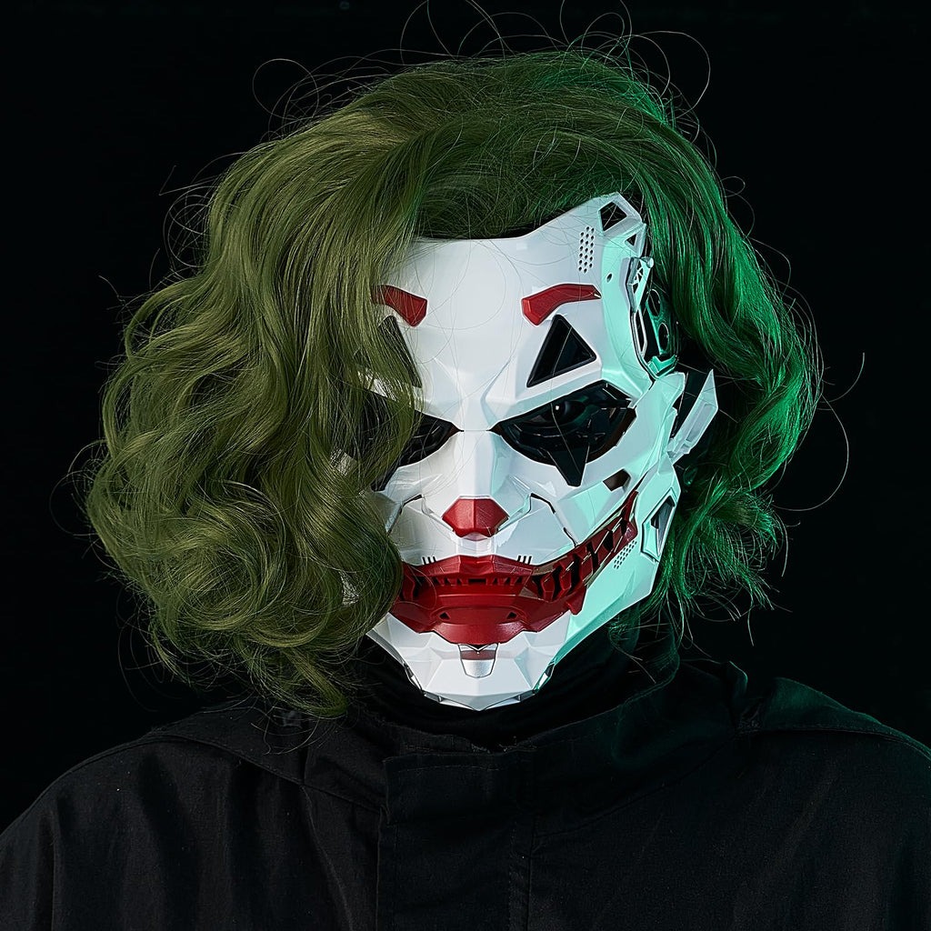 IUUBVV Futuristic Clown Mask with Green Wig, White and Red Cyberpunk Style Face Mask, Halloween Costume Accessory