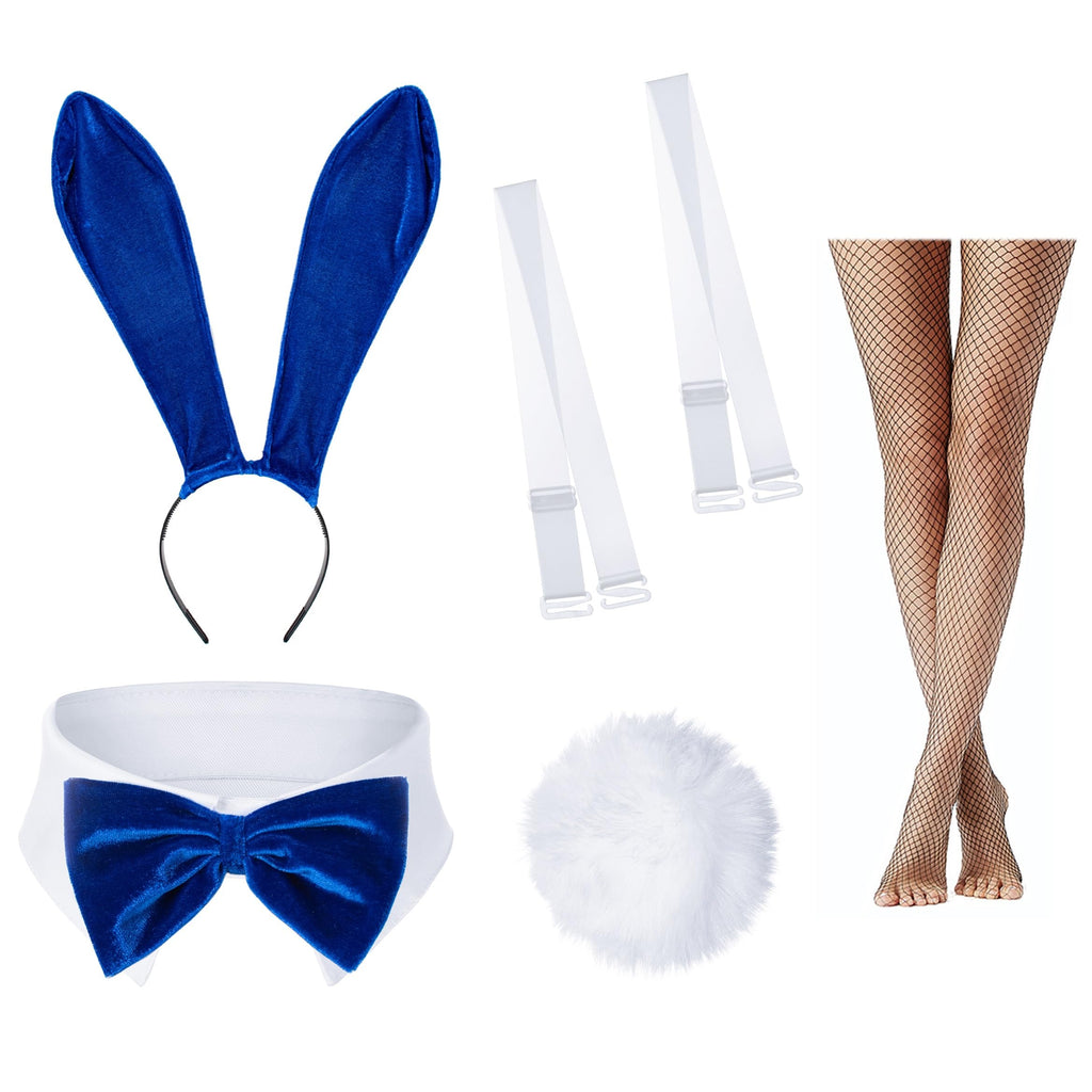 Women Velvet Bunny Costume Bunny Girl Suit Costume Senpai Cosplay One Piece Bodysuit Stockings Set(Blue S)